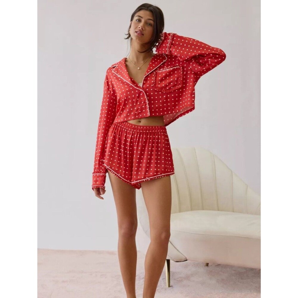 For Love & Lemons x UO Lailah Satin Pajama Set | red/white Polka Dot | XS | NWT